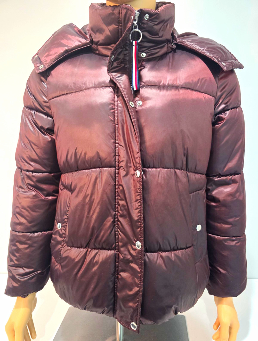 Tommy Hilfiger Puffer Jacket Mens Large Burgundy Hooded Winter Coat L